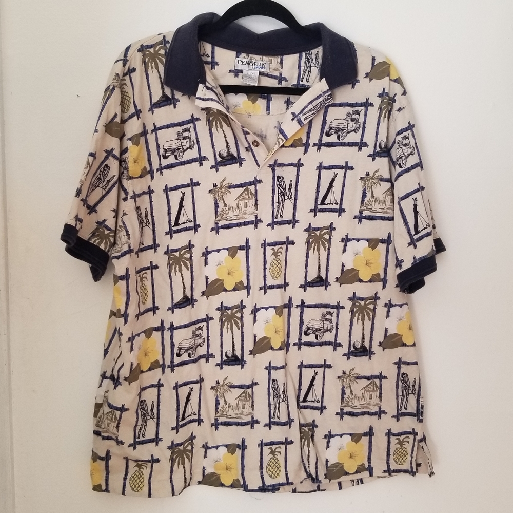 Vintage Tropical, Hawaiian style Golf Polo Shirt, XL